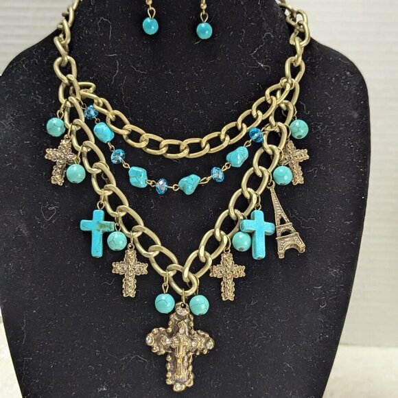 Southwestern Aqua Turquoise Goldtone Cross Pendants Statement Necklace - Picture 5 of 7
